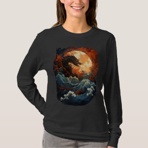 Japanische Ästhetik Drachen Wellen Sonnenuntergang T-Shirt