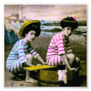 Japanische badenschönheits-Vintage Strand-Babys Fotodruck