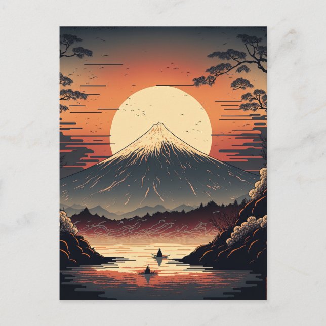 Japanische Berge und Fischer Ukiyo e Postkarte (Vorderseite)