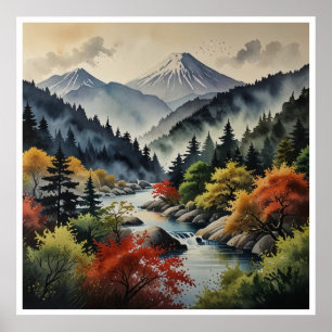 Japanische Berge Wasserfarbenwelt Kunst Poster