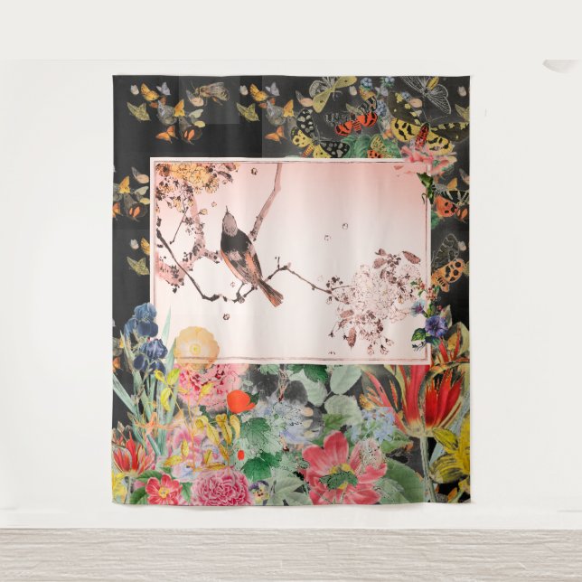 JAPANISCHE BIRD MIT BLUME AUF SCHWARZEN Tapisserie Wandteppich (Vorderseite)