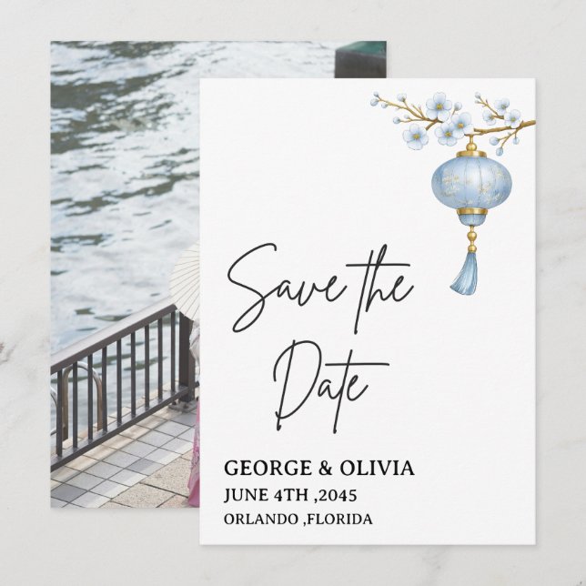 Japanische Blaue Laterne Hochzeit Save-the-Date-Ka (Vorne/Hinten)
