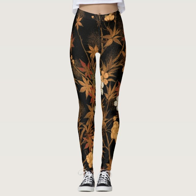 Japanische Blume im Herbst und Vintage Kunst Leggings (Vorderseite)