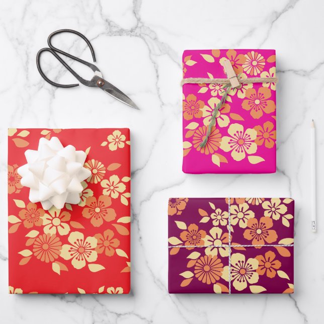 Japanische Blume Mix Pattern Geschenkpapier Set (Vorderseite)