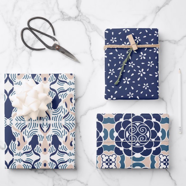Japanische BLUME UND KOI FISH, weiß und blau CREAM Geschenkpapier Set (Vorderseite)