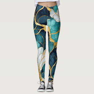 Japanische Blumen Teal Blau Gold Leggings