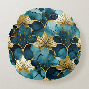 Japanische Blumen Teal Gold Rundes Kissen