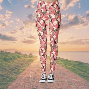 Japanische Blüten in Weiß auf rosa Burgunderrot Leggings