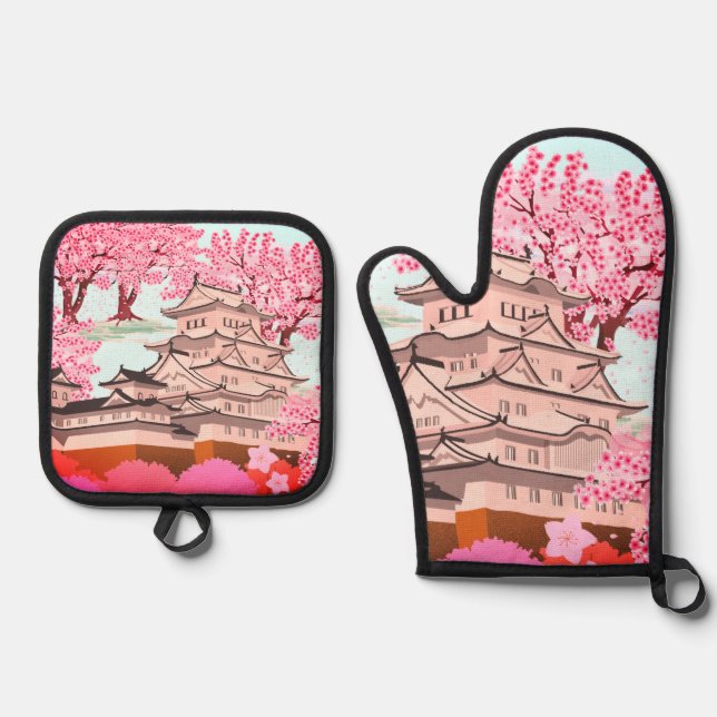 Japanische Burg Sakura Burg Cherry Blossom Ofenhandschuh & Topflappen-Set (Vorderseite)