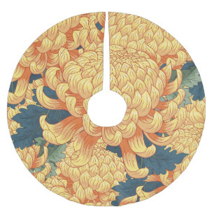 Japanische Chrysanthemen: gelbes Blumenmuster. Polyester Weihnachtsbaumdecke