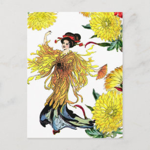 Japanische Chrysanthemum-Blume Fairy mit Fan Postkarte