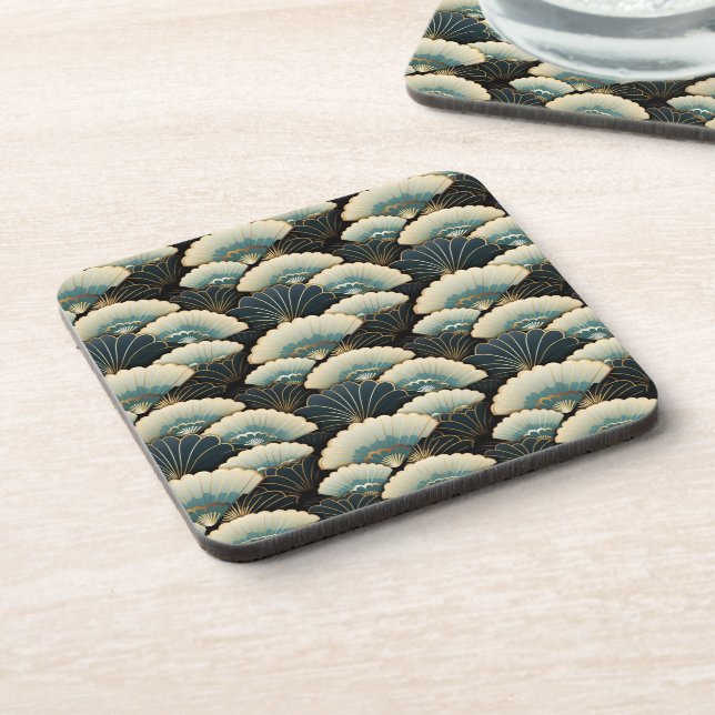 Japanische Creme Gold Aquamarine Lüfterdrucke Getränkeuntersetzer (Linke Seite)