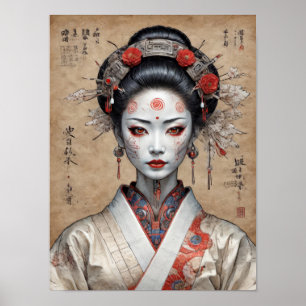 Japanische Cyberpunk-Geisha auf Pergament Poster