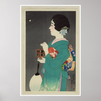 Japanische Dame hält einen Käfig mit Glühwürmern - Poster