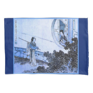 Japanische Dame in Kimono am Mondfenster Kissenbezug