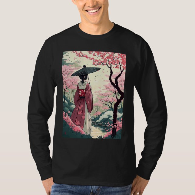 Japanische Dame mit Dachkirsche Blossom Garden T-Shirt (Vorderseite)