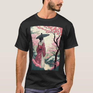 Japanische Dame mit Regenschirm Kirschblüten Garte T-Shirt