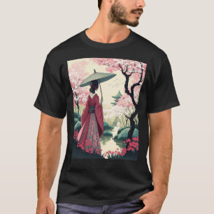 Japanische Dame mit Regenschirm Pagode Kirschblüte T-Shirt