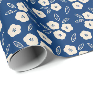 Japanische Dark Blue & Champagne Floral Pattern Geschenkpapier