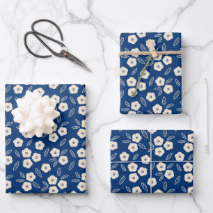 Japanische Dark Blue & Champagne Floral Pattern Geschenkpapier Set