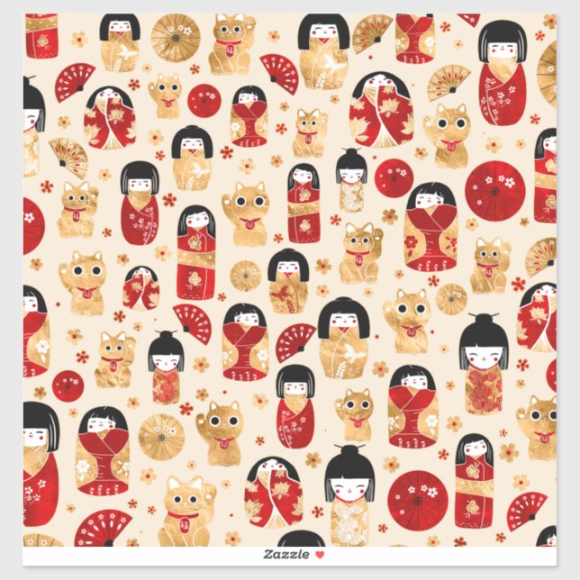 Japanische Dollars - Kokeshi und Maneki Neko Cats Aufkleber (Blatt)