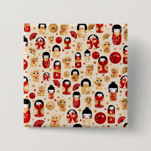 Japanische Dollars - Kokeshi und Maneki Neko Cats Button