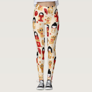 Japanische Dollars - Kokeshi und Maneki Neko Cats Leggings