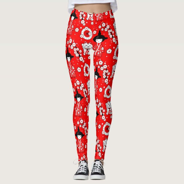 Japanische Dollars - Kokeshi und Maneki Neko Cats Leggings (Vorderseite)