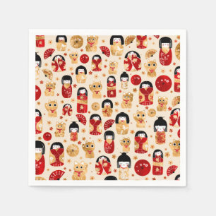 Japanische Dollars - Kokeshi und Maneki Neko Cats Serviette