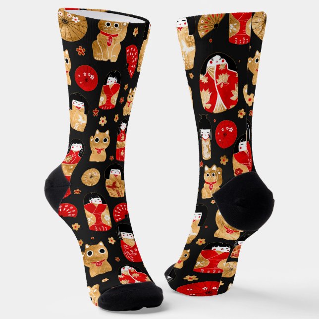 Japanische Dollars - Kokeshi und Maneki Neko Cats Socken (Gewinkelt)