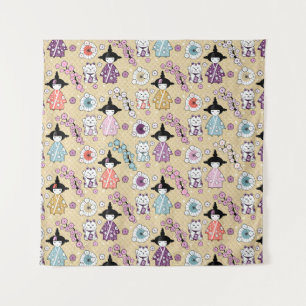Japanische Dollars - Kokeshi und Maneki Neko Cats Wandteppich