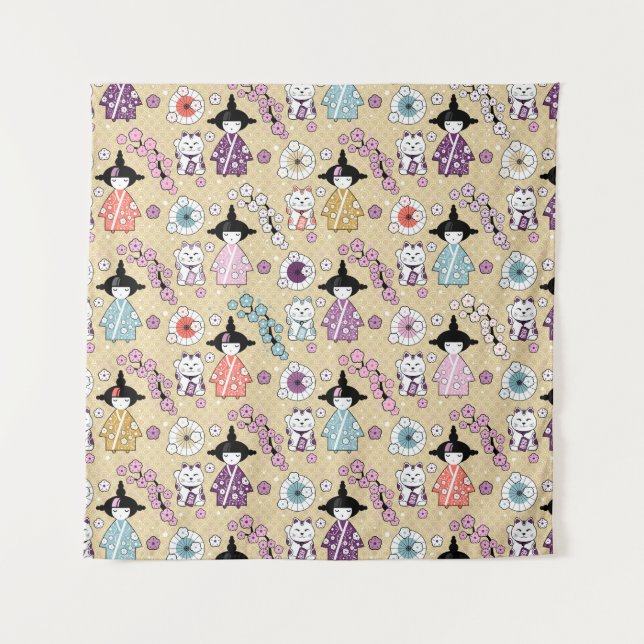 Japanische Dollars - Kokeshi und Maneki Neko Cats Wandteppich (Vorderseite)