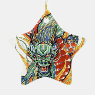Japanische Drachen- und Lotus-Blume Keramikornament