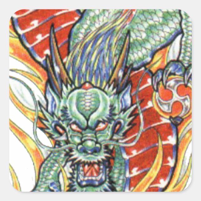 Japanische Drachen- und Lotus-Blume Quadratischer Aufkleber (Vorderseite)