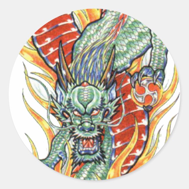 Japanische Drachen- und Lotus-Blume Runder Aufkleber (Vorderseite)