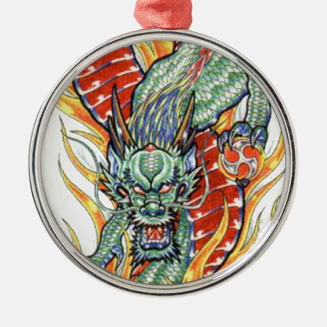 Japanische Drachen- und Lotus-Blume Silbernes Ornament (Vorne)