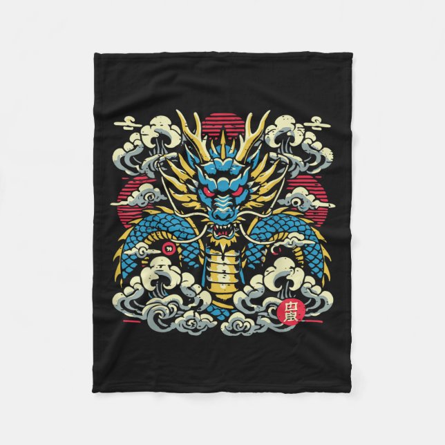 Japanische Drachenfront Wolken Vintage Anime Men W Fleecedecke (Vorderseite)
