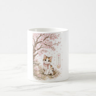 Japanische Dreifarbenkatze unter Kirschblütenbaum Kaffeetasse