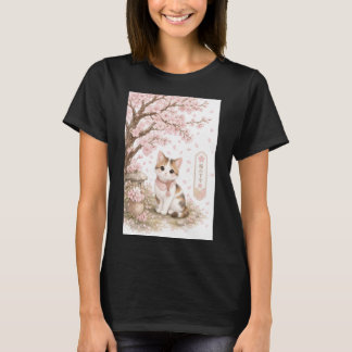 Japanische Dreifarbenkatze unter Kirschblütenbaum T-Shirt