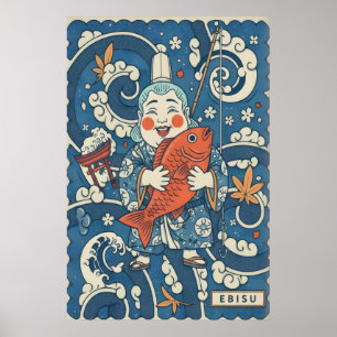 Japanische Ebisu-Wandkunst Lächelnder Gott mit Fis Poster