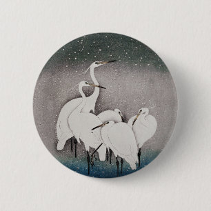 Japanische Egrets Cranes Bird Winter Snow Art Button