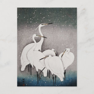 Japanische Egrets Cranes Bird Winter Snow Art Postkarte