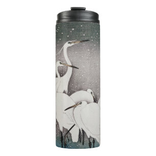 Japanische Egrets Cranes Bird Winter Snow Art Thermosbecher