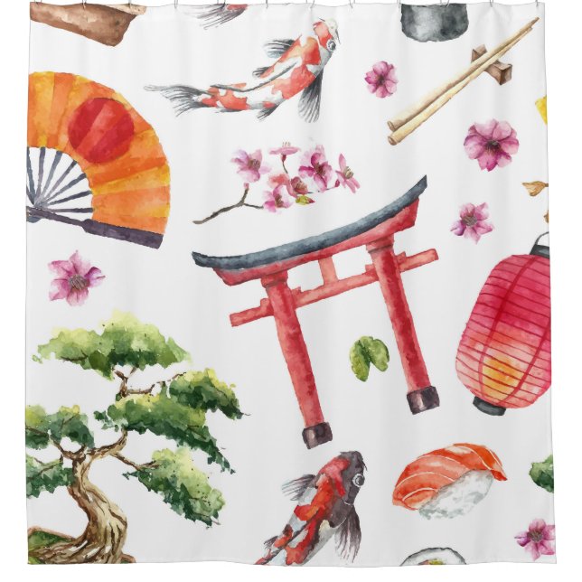 Japanische Elemente Wasserfarbe Nahtlose Textur Duschvorhang (Vorderseite)