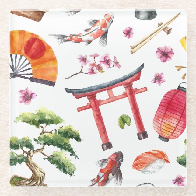 Japanische Elemente Wasserfarbe Nahtlose Textur Glasuntersetzer (Vorderseite)