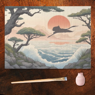 Japanische felsige Küstenlandschaft mit Sonnenunte Seidenpapier