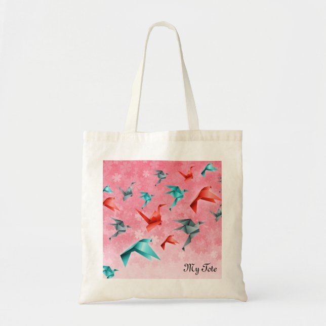 Japanische Flora und Origami Crane Design Tote Bag Tragetasche (Vorne)