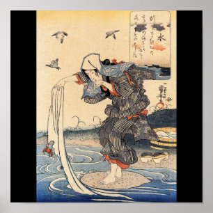 Japanische Frau, die Wäscherei im Fluss C. 1800's Poster