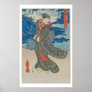 Japanische Frau durch das Meer (Farbewoodblock Poster