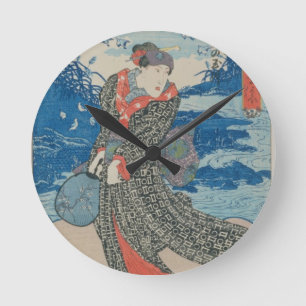 Japanische Frau durch das Meer (Farbewoodblock Runde Wanduhr